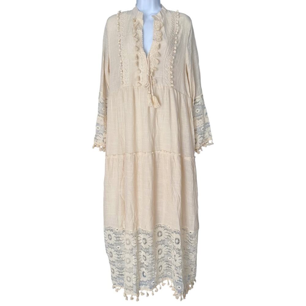 Boho Ivory Lace Tassel Maxi Dress Women's Large Cottagecore Prairie Romantic